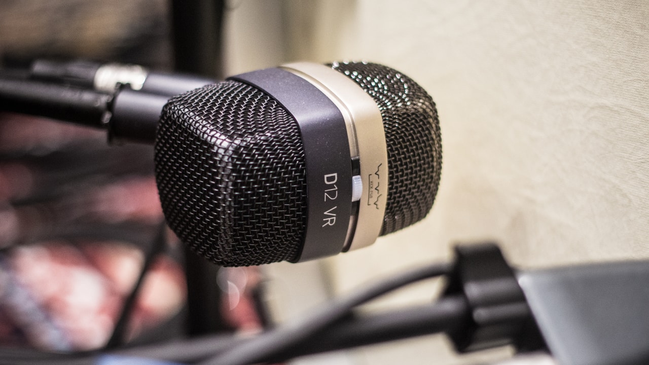 Close-up of a microphone on a kick drum