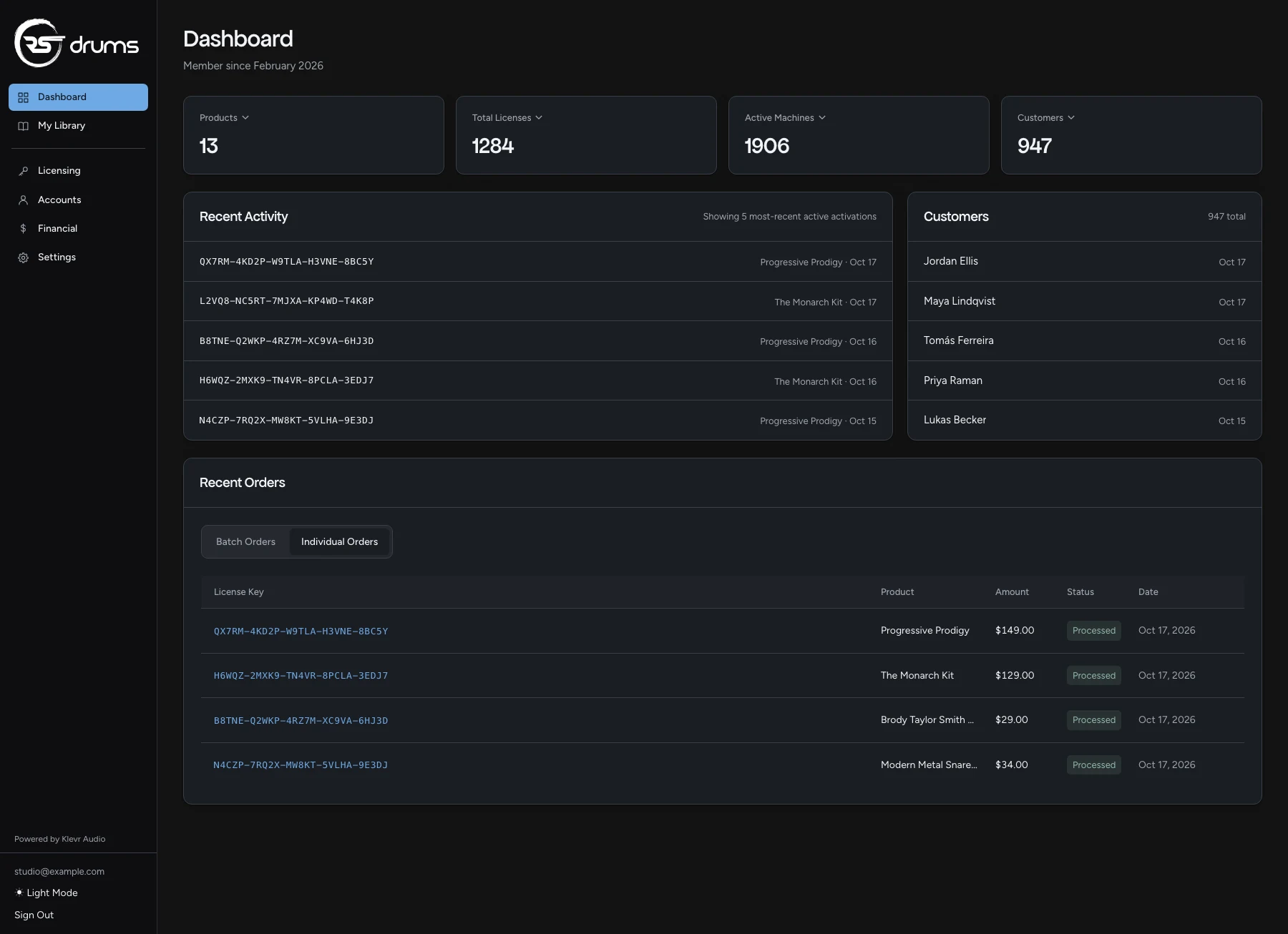 The Klevr Portal's Dashboard, for RS Drums