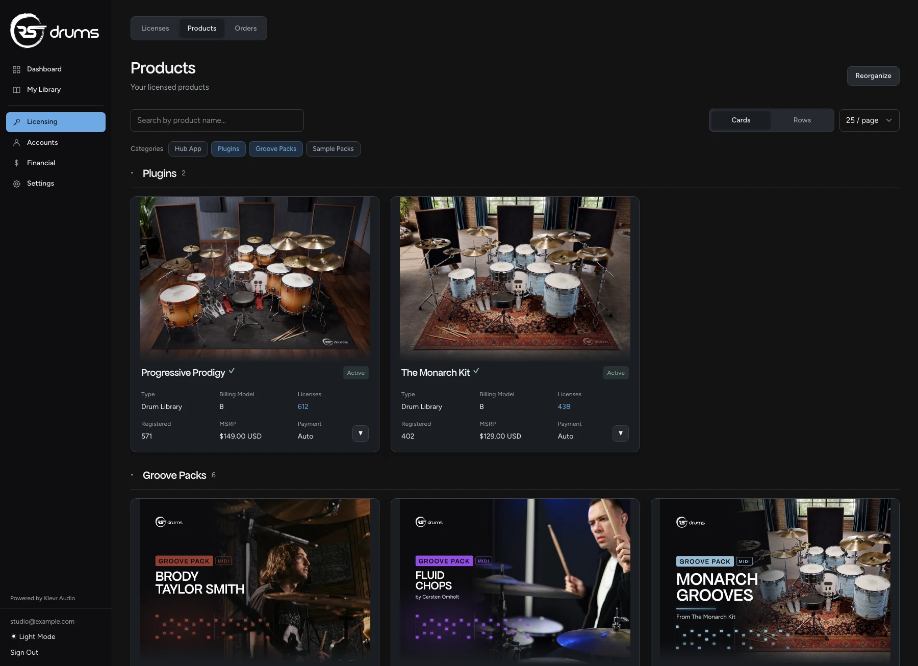 The Klevr Portal's Products, for RS Drums