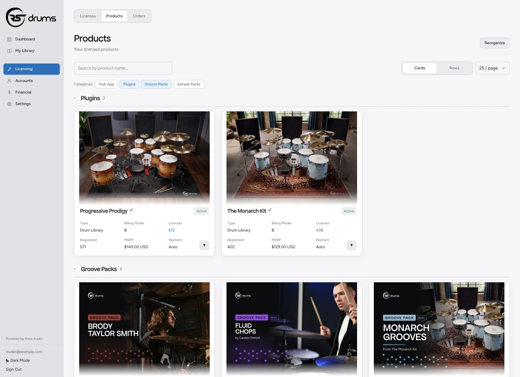 The Klevr Portal's Products, for RS Drums