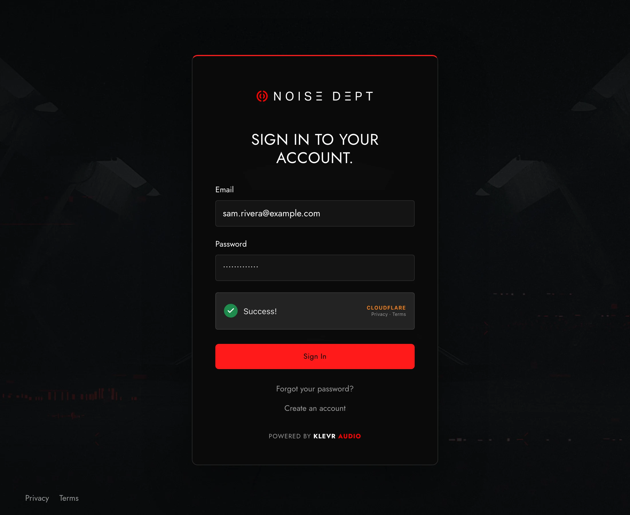 Noise Department's branded sign-in page