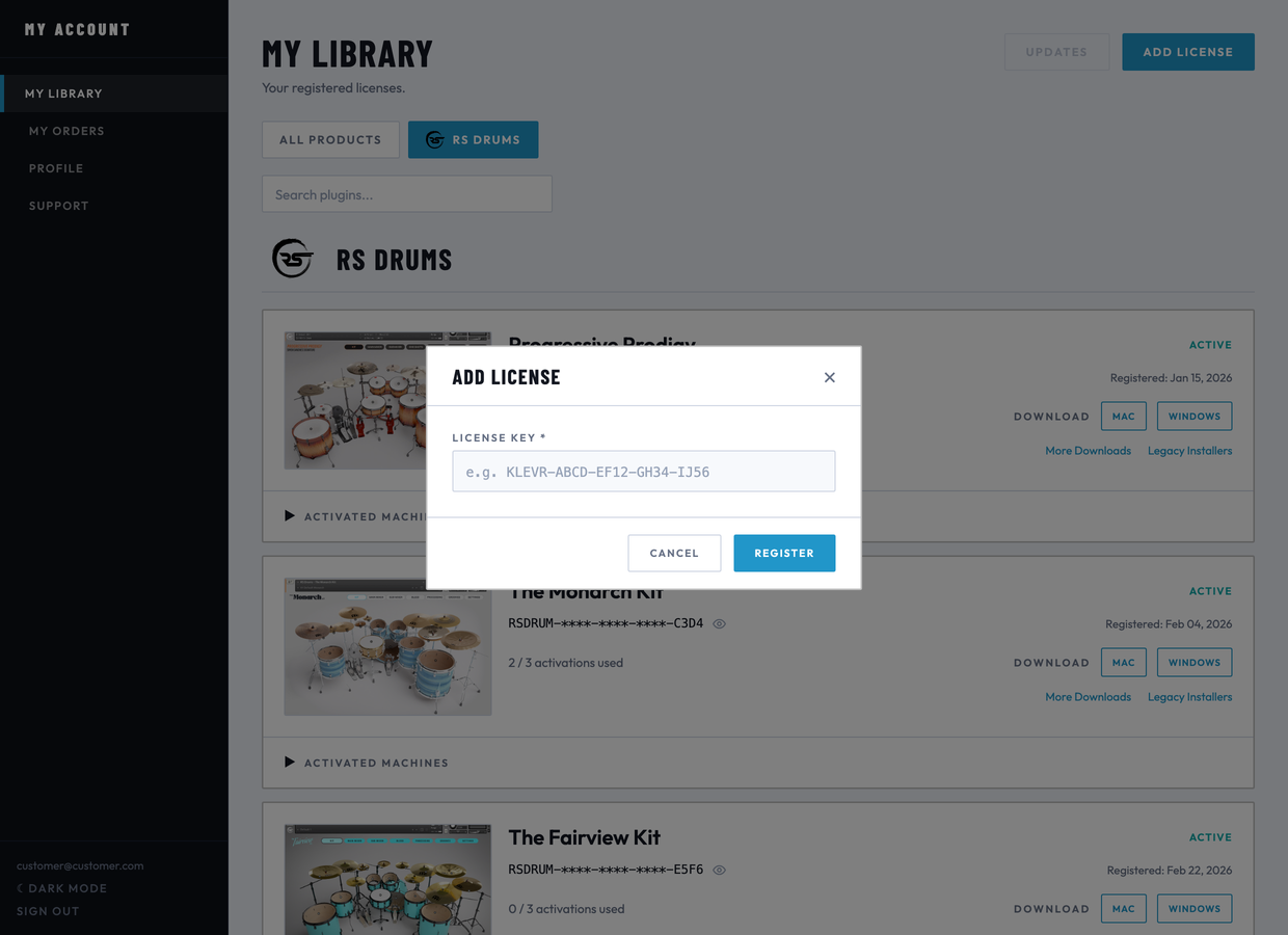 A customer registering a license in their Klevr Audio library, with the Add License dialog open.